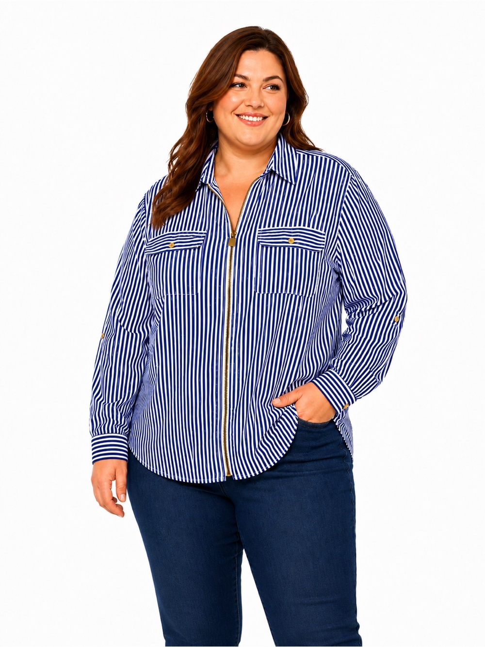 Michael Kors Blue & White ladies Striped Zip-Front Button-Down Shirt 2X